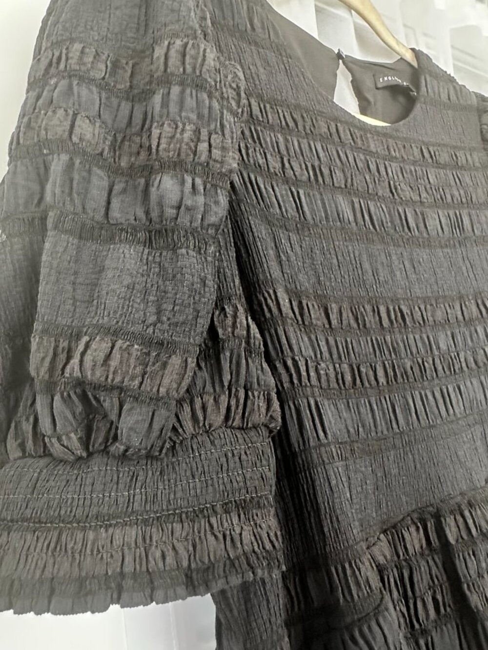English Factory Black Textured Tiered Puff Sleeve Mini Dress Medium Romantic - Picture 4 of 9